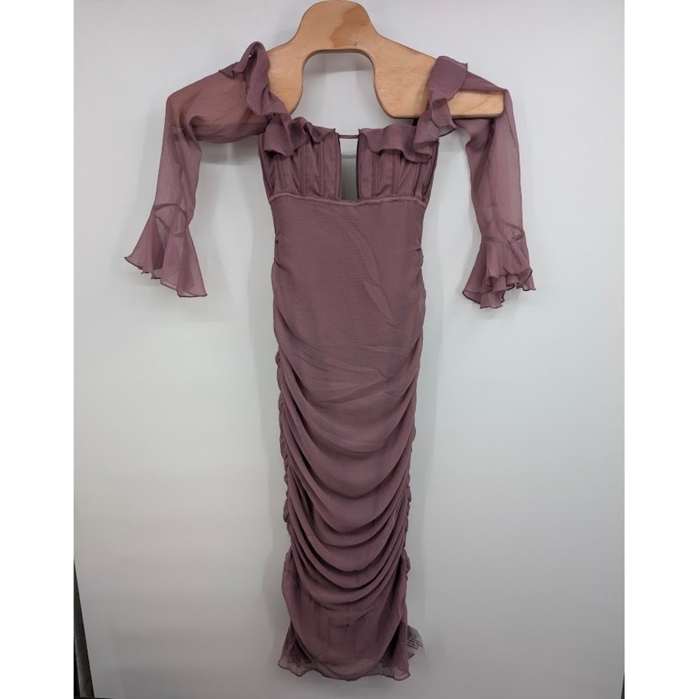 ASOS Design Ruched Chiffon Long Sleeve Off Shoulder Dress Pink NWT sz 0